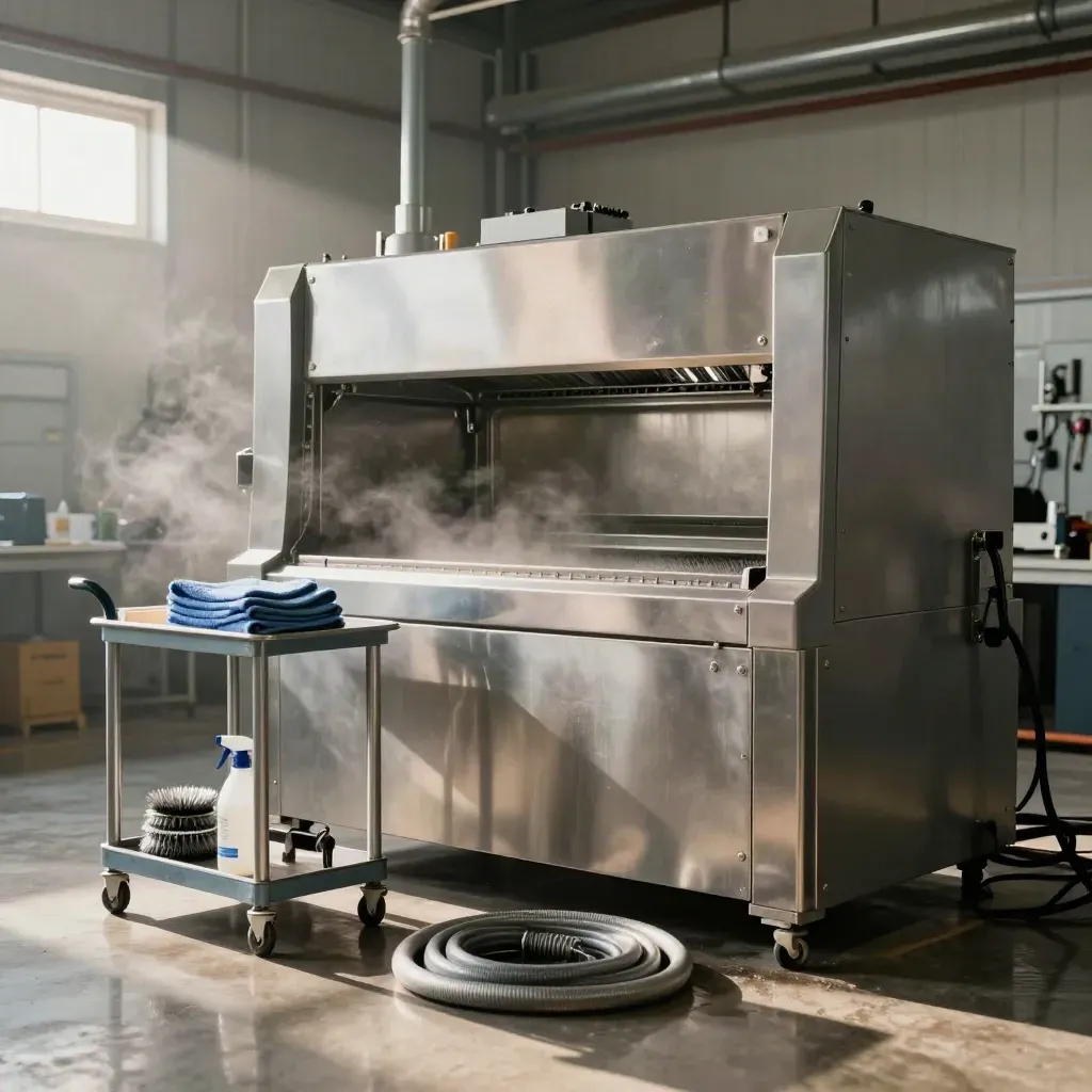 Atelier avec capot de machine nettoyé, panneaux inox brillants et brume légère.