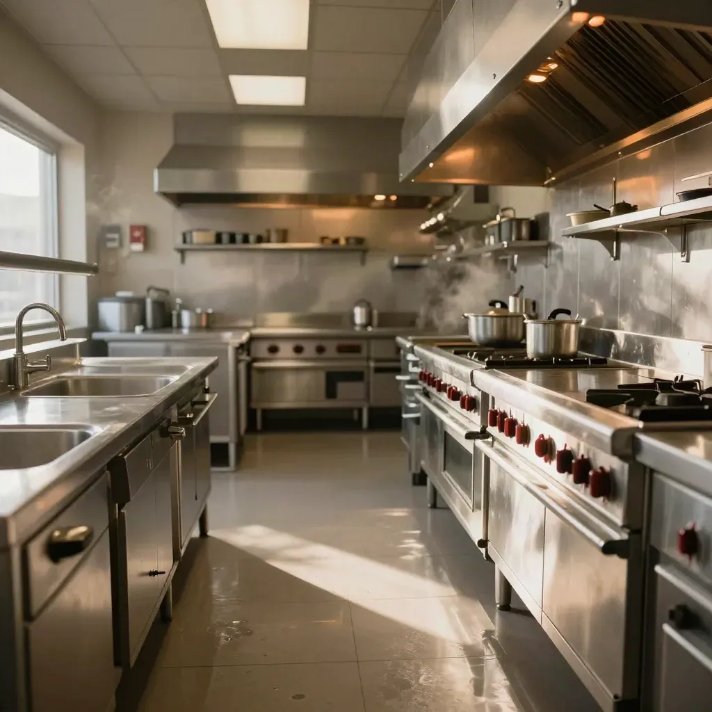 Cuisine centrale inox vide et propre, lumière chaude, vapeur légère, prête pour le service.