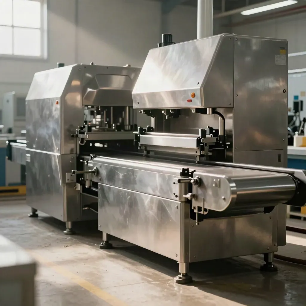 Ligne de production inox nettoyée, capots et pieds brillants dans un atelier lumineux.
