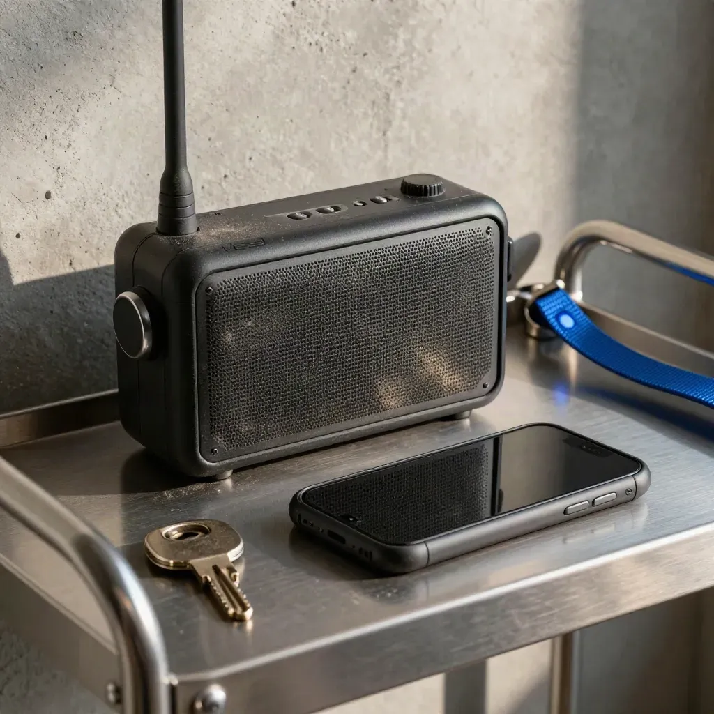 Radio de chantier, clé de site et smartphone retourné sur un cart métallique poussiéreux.