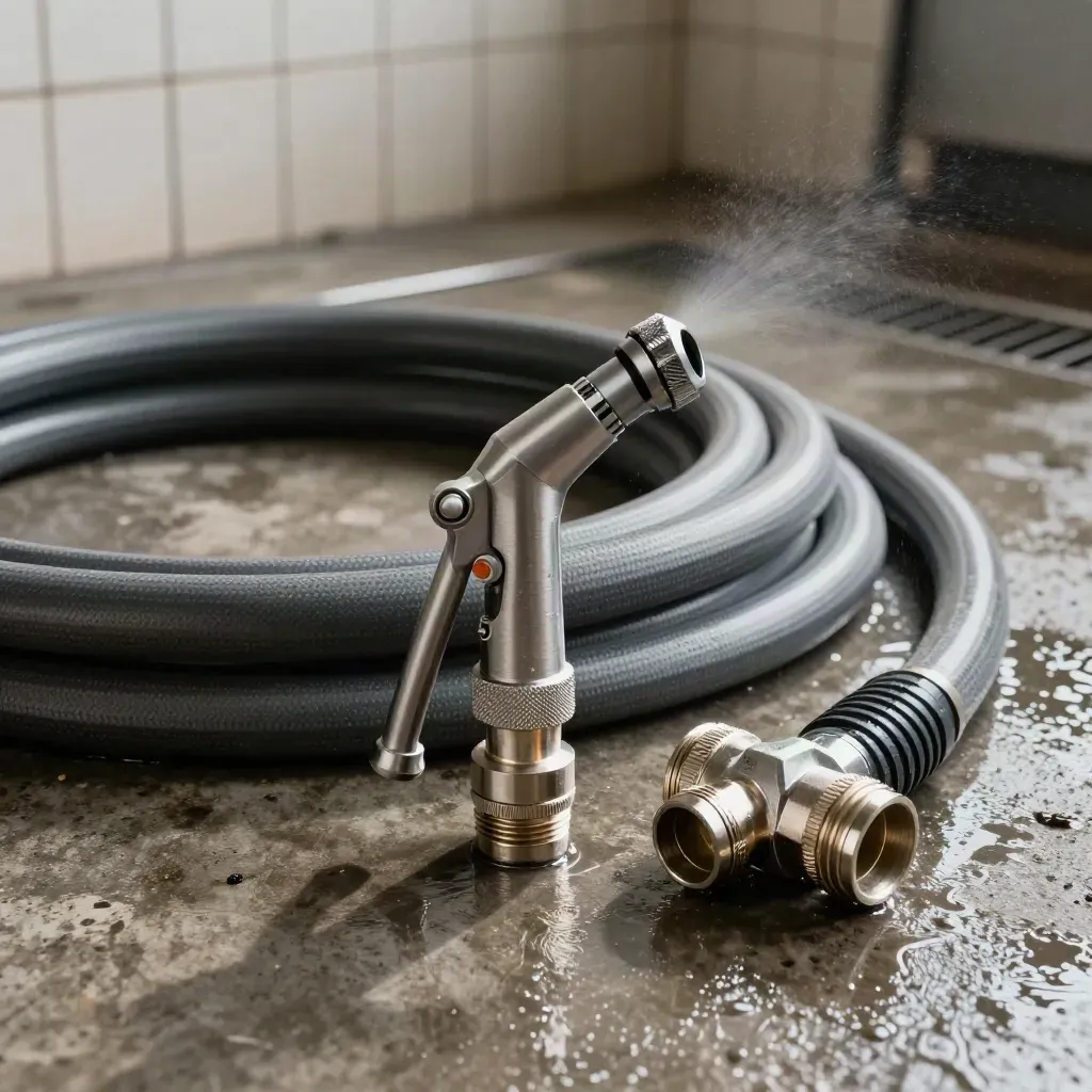 Flexible haute pression, raccords rapides et buse métallique sur sol de lavage industriel.