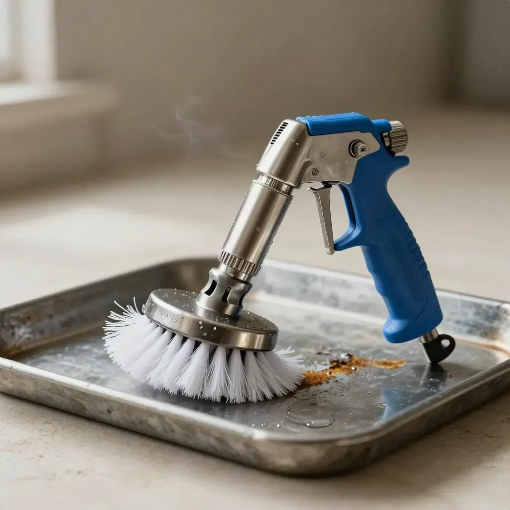 Buse, pad et brosse demi-lune sur bac acier humide, lumière douce.