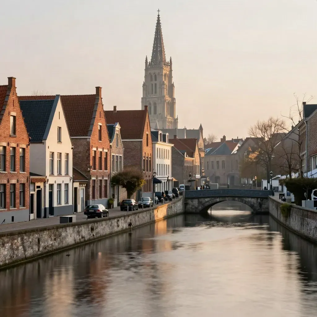 Vue de Lille au lever du soleil, beffroi lointain, briques flamandes et canal calme.