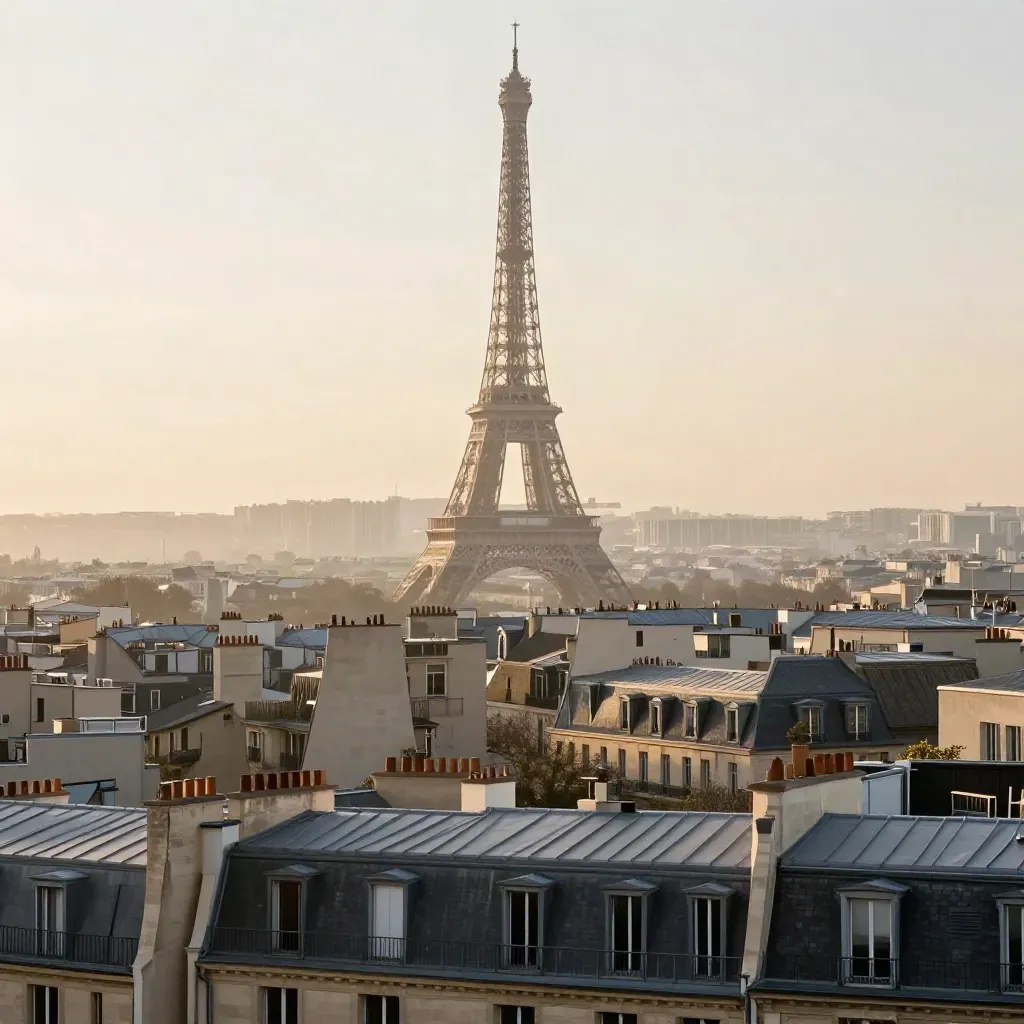 Tour Eiffel au-dessus des toits haussmanniens dans la brume dorée du matin.