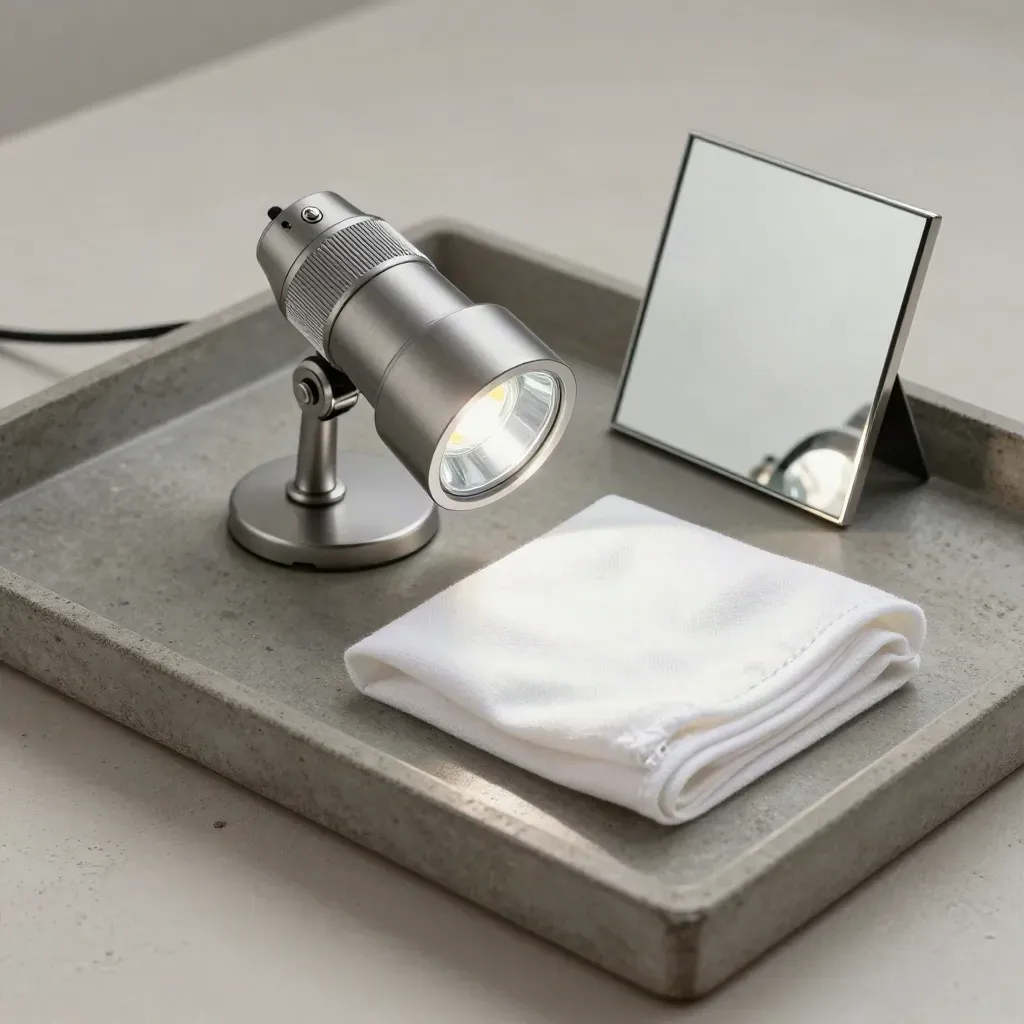 Lampe LED d’inspection, chiffon blanc plié et miroir d’atelier sur tray en béton.