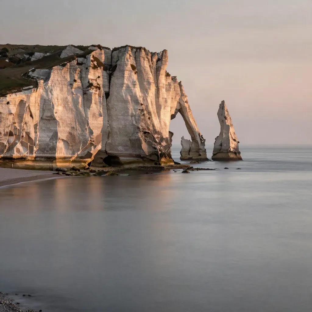 Falaises blanches de Normandie au-dessus d’une mer grise dans la brume du couchant