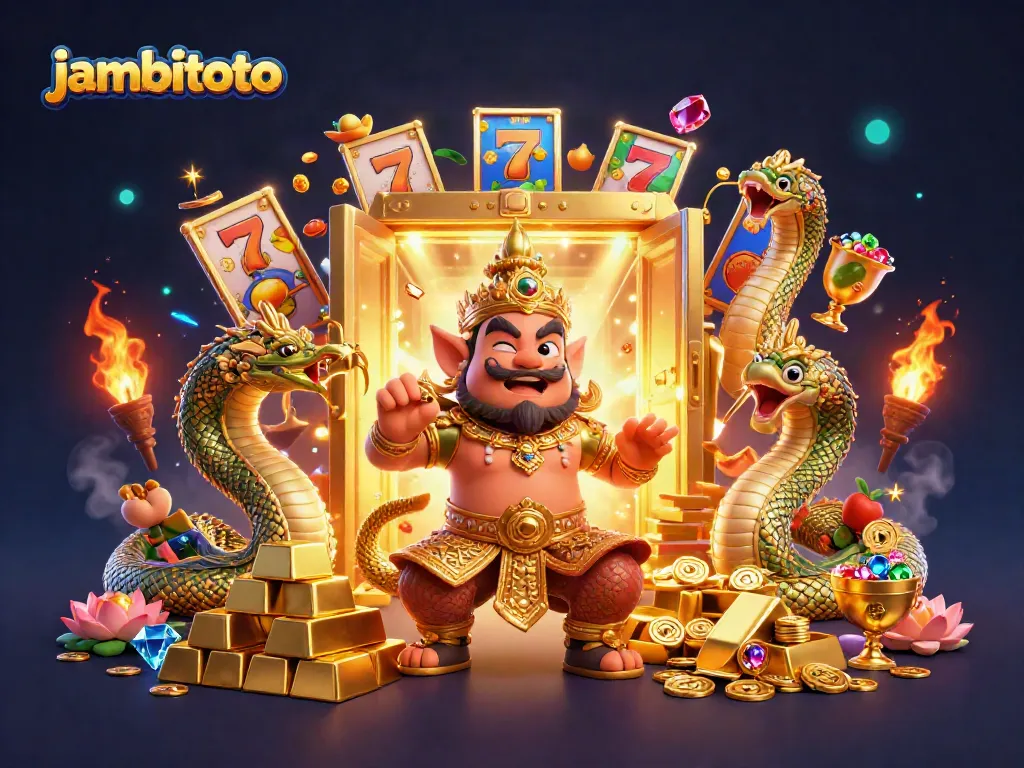 Experience the excitement of jambitoto with vibrant slot reels and golden treasures in this 3D illustration.