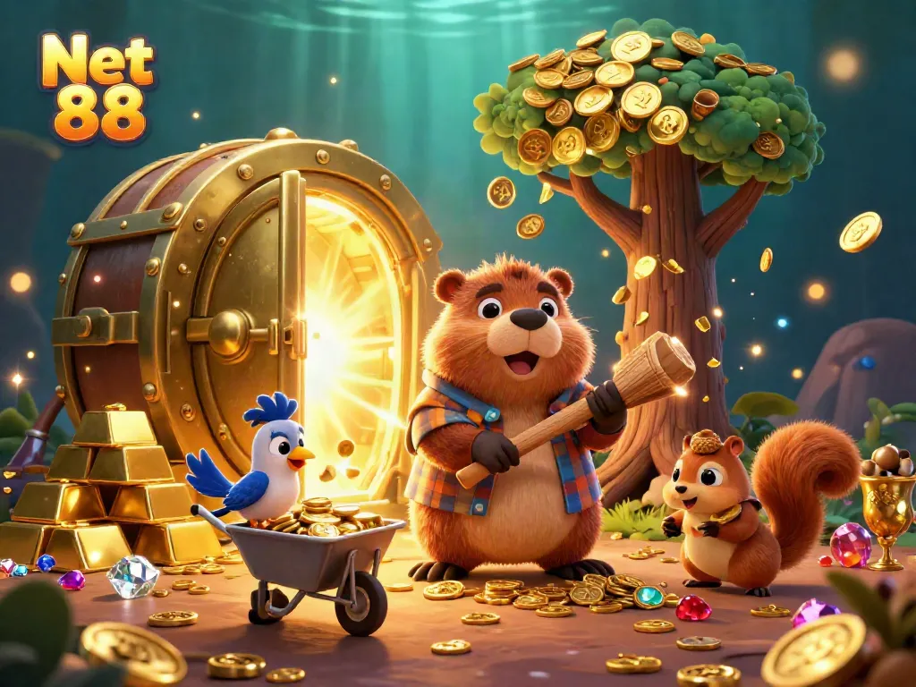 Experience the thrill of Net 88 with vibrant 3D characters amid golden treasures and dynamic casino elements.