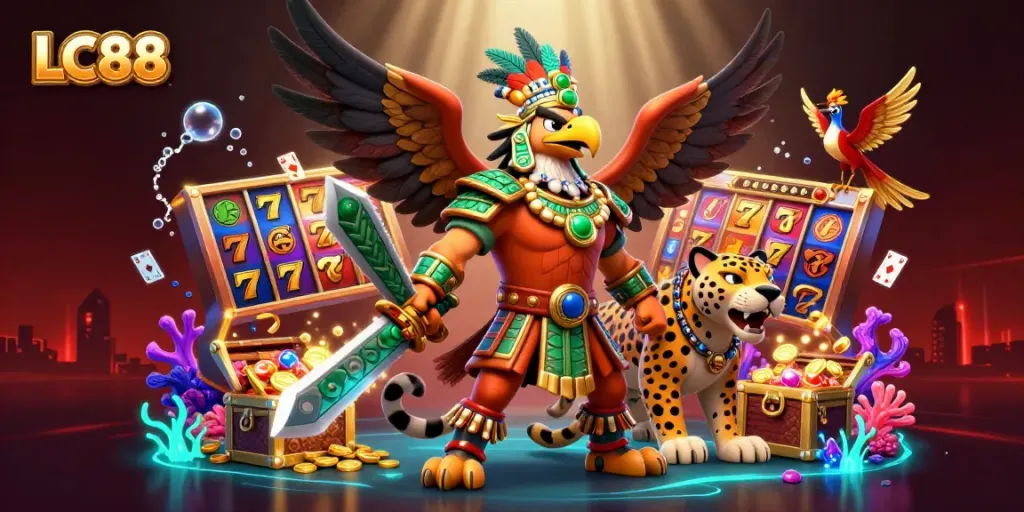 Experience the thrill of the LC88 casino with vibrant slot reels and dynamic characters.
