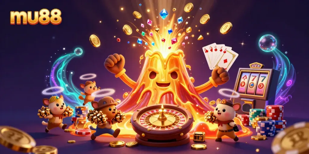 Witness the eruption of treasures at mu88 with golden coins and an adventurous scene.