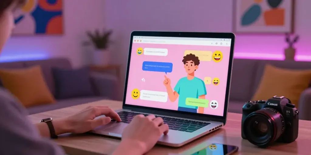 Engaging in nsfw ai chat with an interactive AI character on a laptop in a cozy setting.