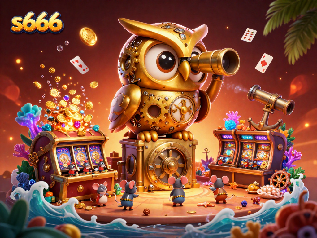 Experience thrilling gameplay at s666 with a vibrant casino scene featuring a massive golden owl and lively slot machines.
