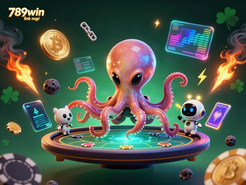 Engage with the vibrant 789win link mới scene featuring a cartoon alien octopus playing poker surrounded by gambling elements.