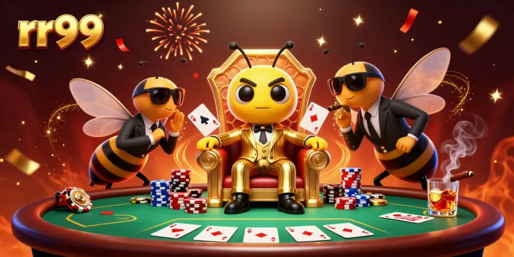 Engage with rr99's dynamic casino scene featuring a cartoon bumblebee mob boss at a poker table.