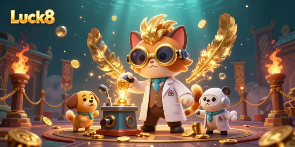 Join the Luck8 adventure with a cat and dog in a vibrant underwater casino scene full of gold coins.