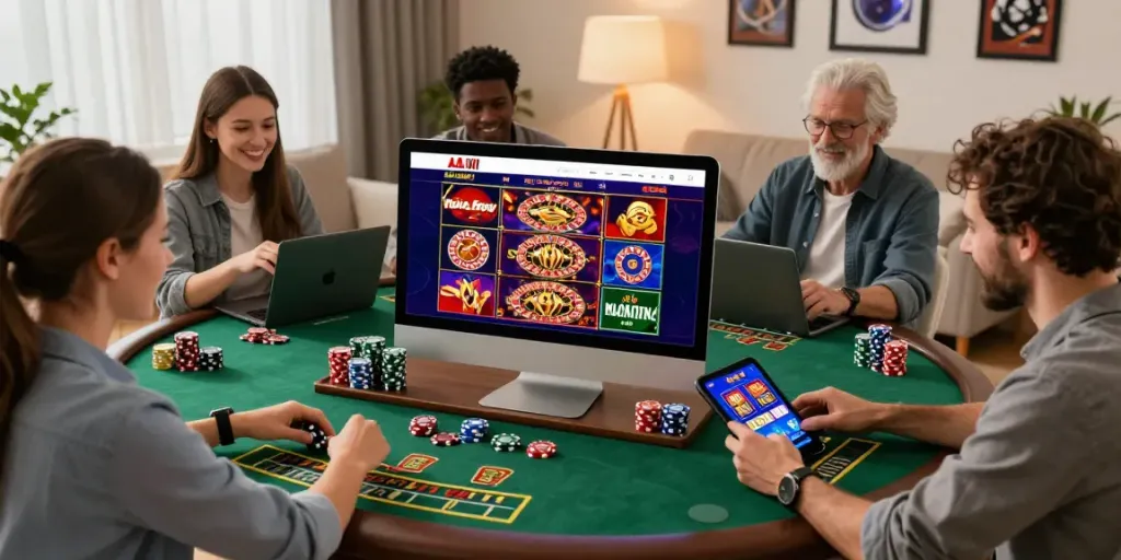 Players interacting with dynamic online casino games showcasing casino en ligne en argent reel experience, celebrating wins.