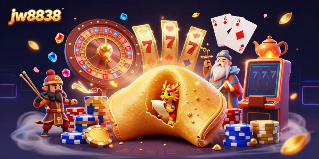 Experience the thrill at jw8838 with a magical illustration of a golden fortune cookie revealing wins under cherry blossoms.