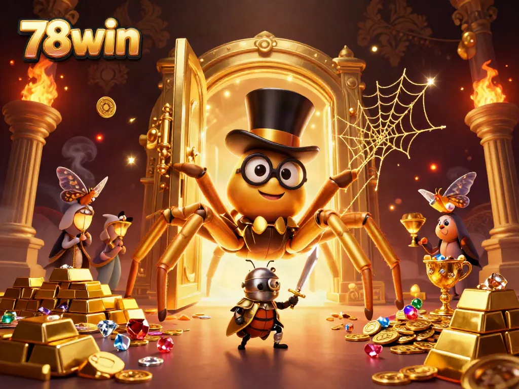 Engage in thrilling gameplay at 78win, showcasing a dynamic 3D scene of fantastical characters and riches.