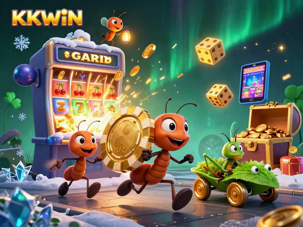 KKWIN ants planning a heist with a giant poker chip in a whimsical casino setting.