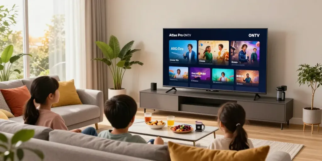 Profitez d'Atlas Pro ONTV en famille dans un salon cosy avec téléviseur et ambiance chaleureuse.