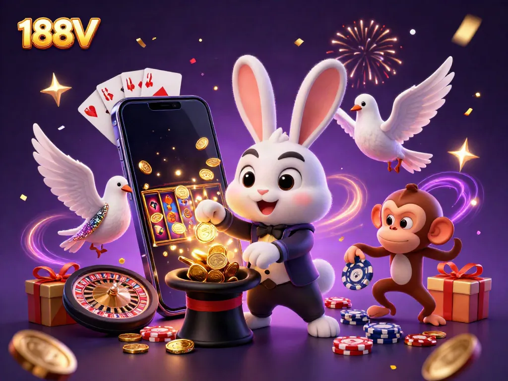 Experience the thrill of 188V with a magician rabbit pulling coins, surrounded by casino elements.