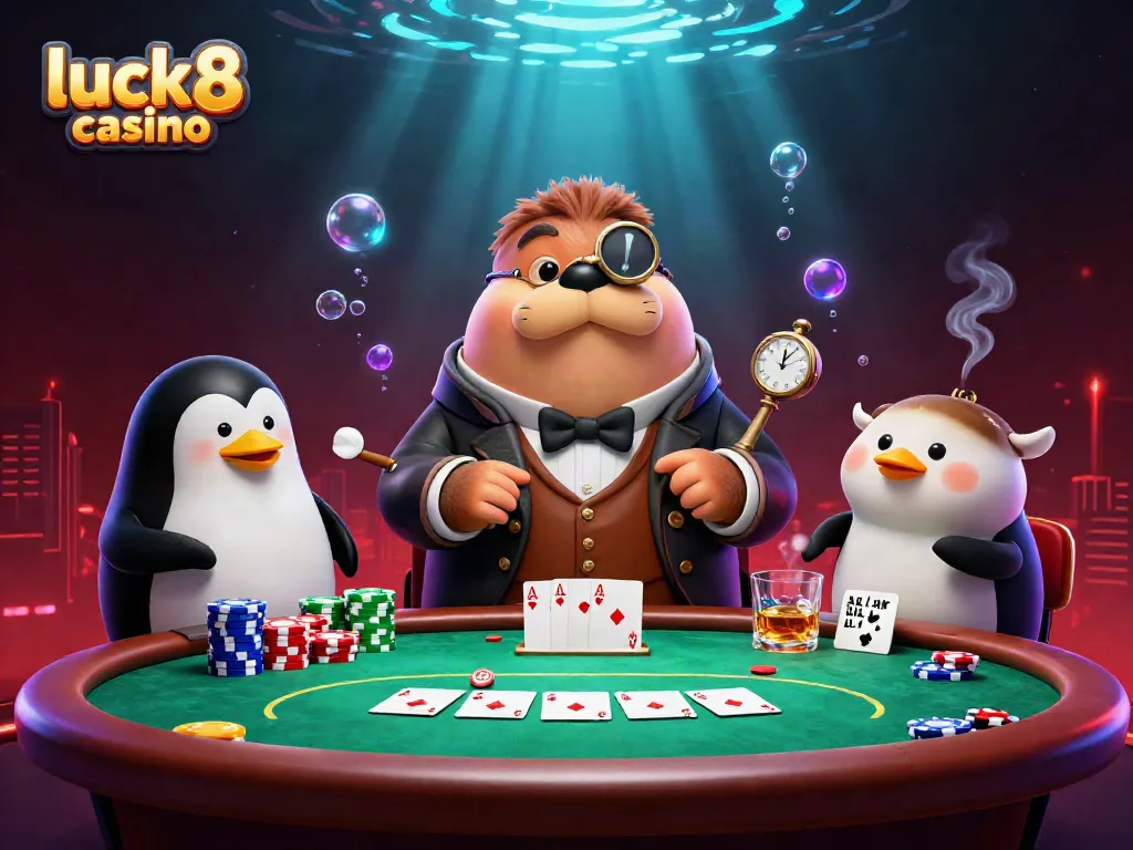 Play poker with a lively walrus and penguin dealer in luck8 casino rich underwater scene