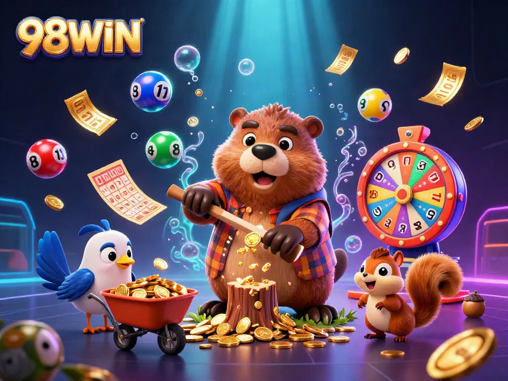 Spin the excitement with 98WIN as a beaver rains golden coins and games abound!