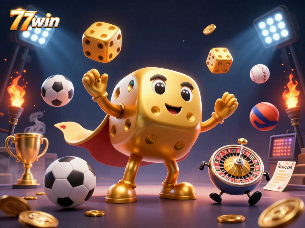 Experience thrilling moments at 77win with dynamic casino elements like golden dice and sports balls.