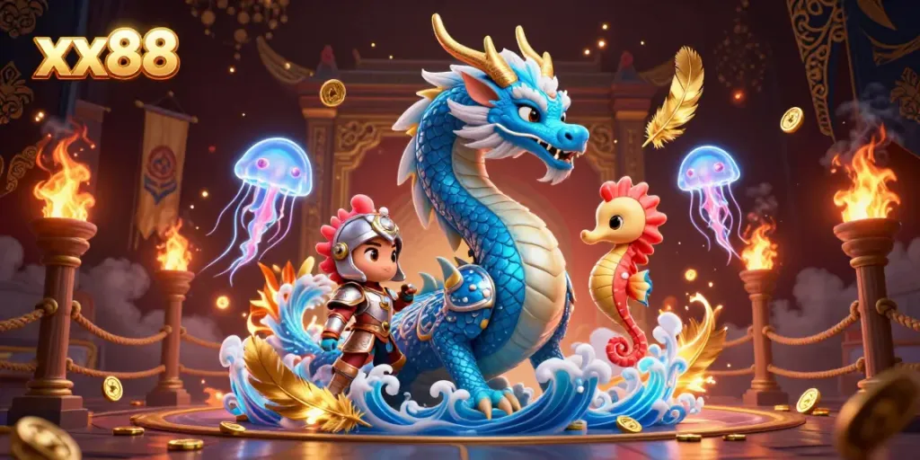 Engage in thrilling gaming action at xx88, featuring vibrant characters in a dynamic 3D casino scene.