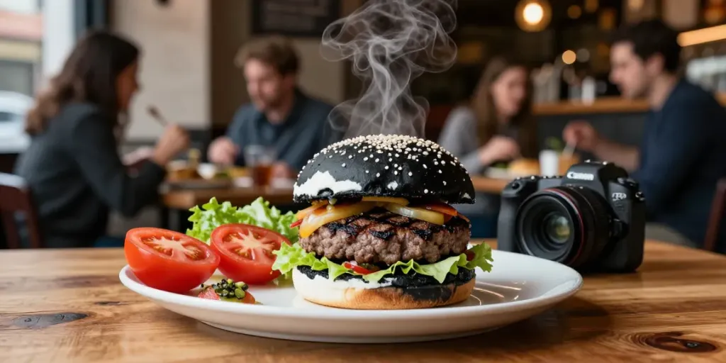 Un hamburger noir et blanc gourmet sur une table rustique, entouré d'ingrédients frais dans un restaurant accueillant.