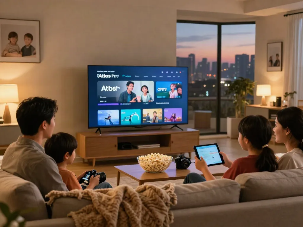 Session familiale agréable devant la télévision avec Atlas pro ontv affiché à l'écran
