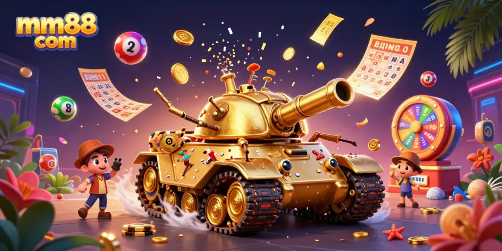 Experience excitement at mm88 com with this vibrant 3D casino illustration featuring dynamic games.
