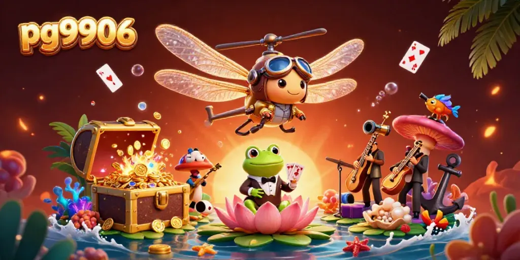 Engage in thrilling gaming at pg9906 with a vibrant illustration of a dragonfly pilot and frog dealer amidst underwater treasures.