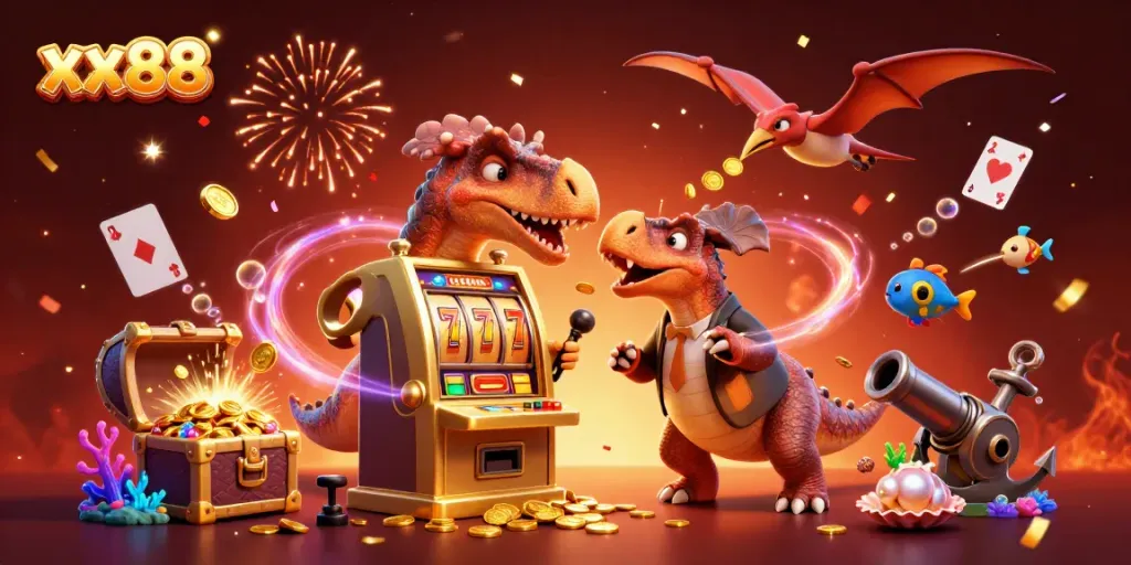 Catch flying coins as xx88’s pachycephalosaurus wins a jackpot in an exciting casino scene.