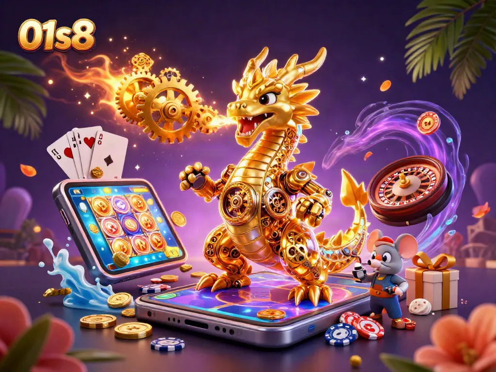 Engage in the thrill of 01s8 with a golden dragon, gaming elements, and intricate details.