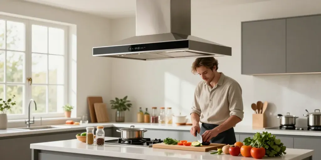 Hotte aspirante 90 cm moderne dans une cuisine lumineuse avec un chef préparant un plat gourmet.