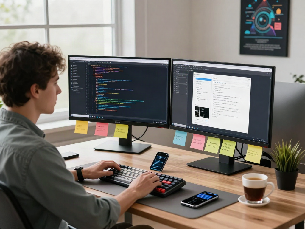 Développeur logiciel utilisant Atlas pro ontv dans un bureau moderne avec lumière naturelle.