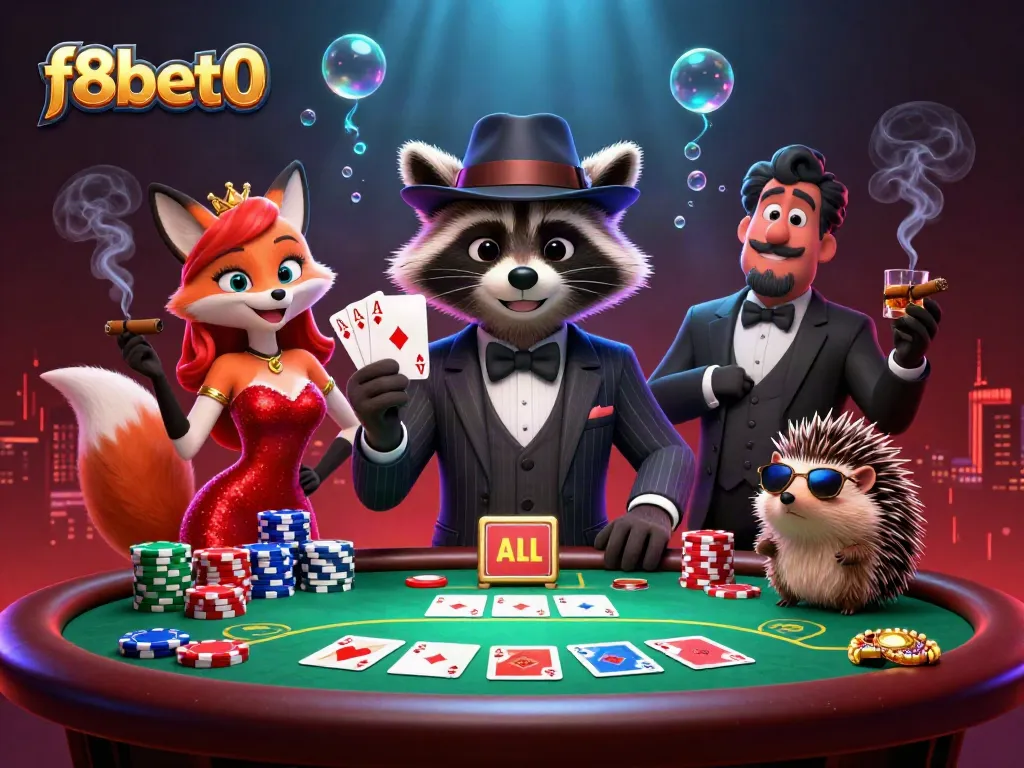 Join the excitement at f8bet0 with a lively poker scene featuring a raccoon dealer, a stunning fox lady, and a vigilant hedgehog bouncer.