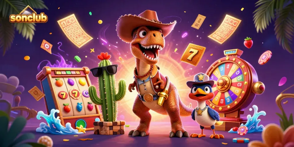 Hit the jackpot at sonclub with an exciting gaming illustration featuring a cowboy dinosaur, slot reels, and colorful coins.