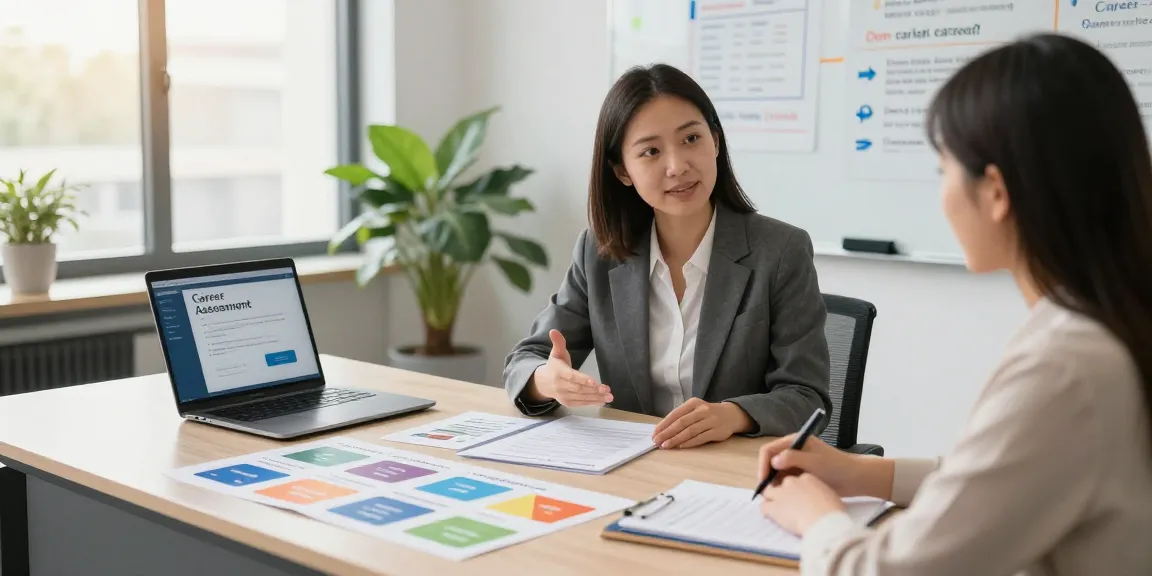 Conseils d'orientation professionnelle lors d'une séance de conseil avec un client, avec des brochures et un ordinateur portable.