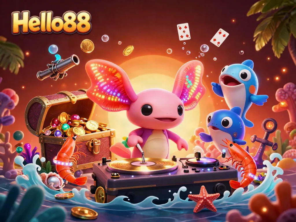 Experience the vibrant world of Hello88 with a neon-colored axolotl DJ spinning records amidst underwater treasures and lively sea creatures.