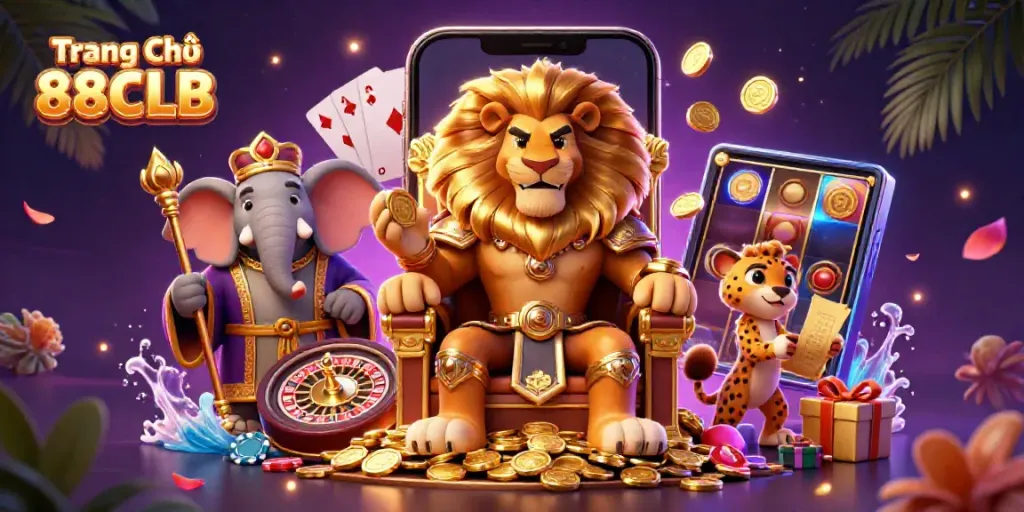 Engage with exciting casino experiences at Trang Chủ 88CLB, featuring a vibrant scene with a lion king, elephant advisor, and cheetah messenger among casino elements.