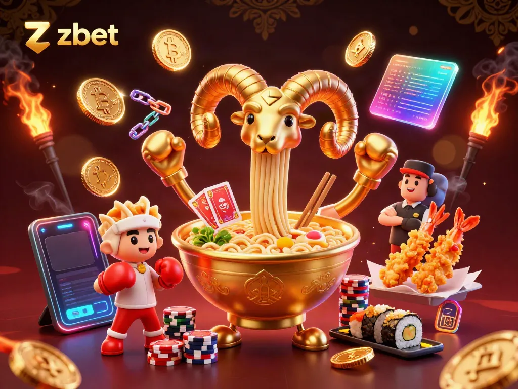 Engage with zbet's vibrant casino scene featuring a giant ramen bowl dealer amidst rich gaming elements.