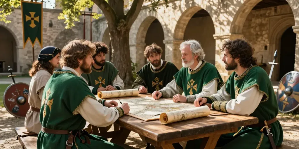 Knights of the Ordre de Saint Lazare strategizing in a medieval courtyard.