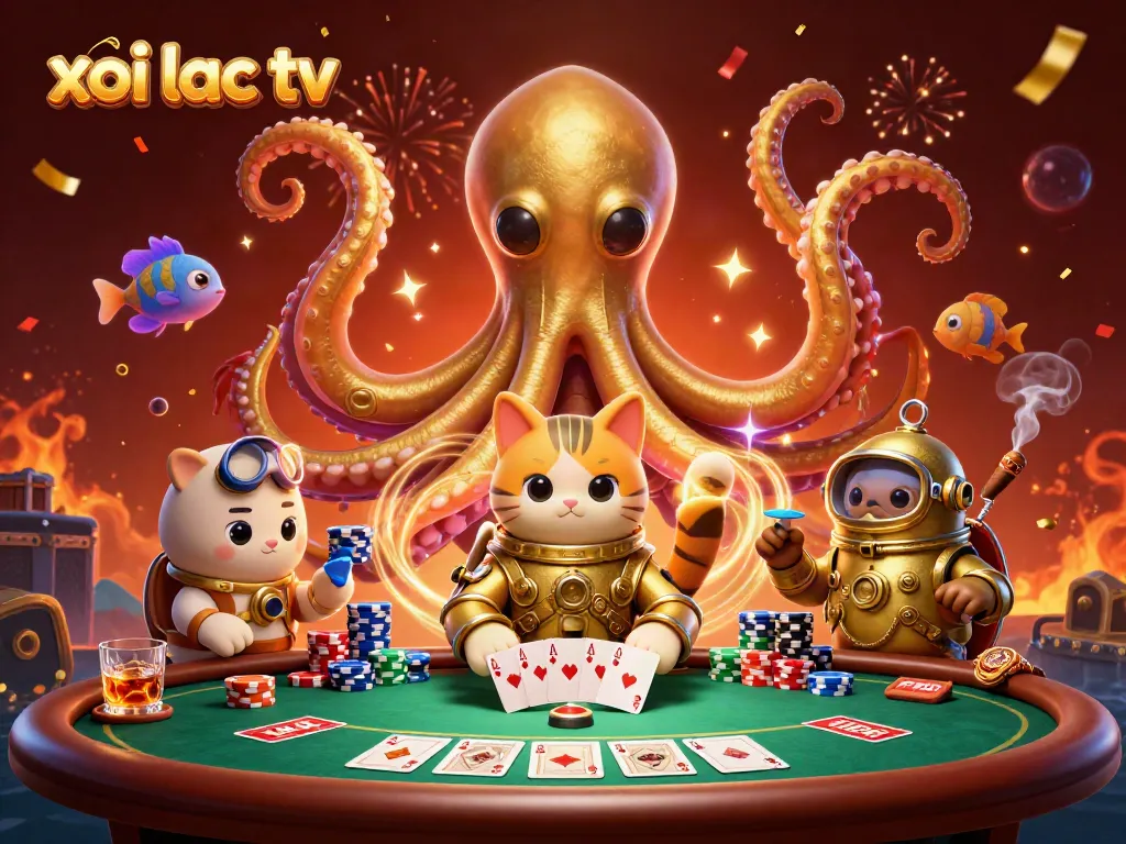 Engage with thrilling poker gameplay at xoi lac tv featuring a kraken, diving cat, and exciting casino elements.