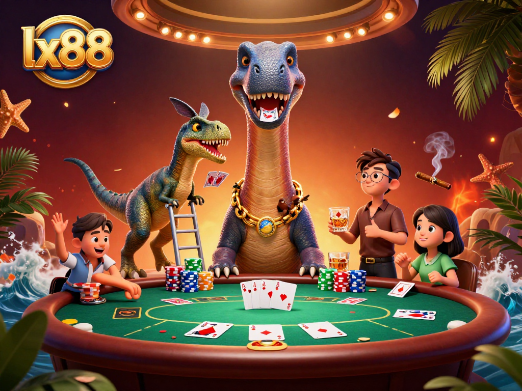 Experience the excitement with lx88 as a dinosaur dealer reigns over a colorful poker table in this dynamic casino scene.