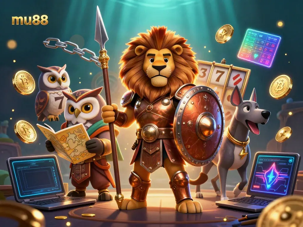 Play casino games with mu88, featuring a 3D Spartan lion and slot elements in an underwater scene.