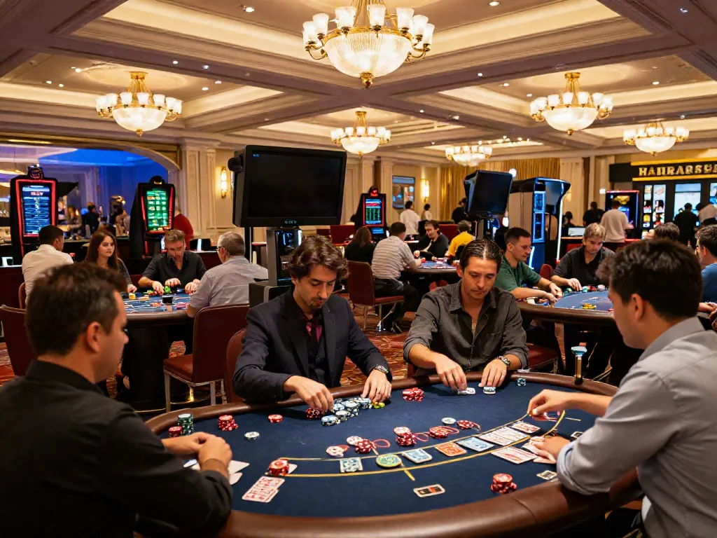 Ambiance de casino avec joueurs de blackjack en ligne, tables animées et éclairage chaleureux.