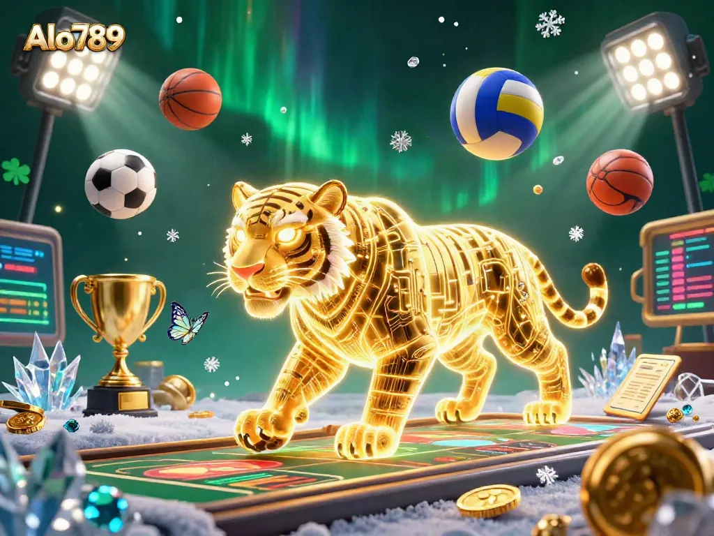 Alo789 casino experience with a golden tiger and holographic butterflies in a dynamic digital landscape filled with sports elements.